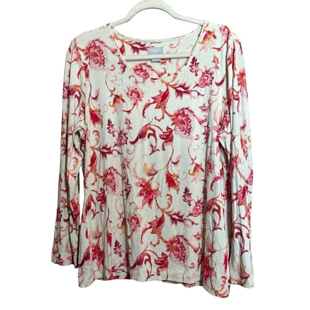 Chicos Top Womens Large Multicolor Paisley Artsy Abstract Stretch Blouse
